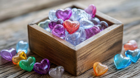 Colorful beads and glass hearts arranged in a handmade wooden box on worn tableの素材
