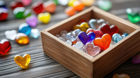 Colorful beads and glass hearts arranged in a handmade wooden box on worn tableの素材
