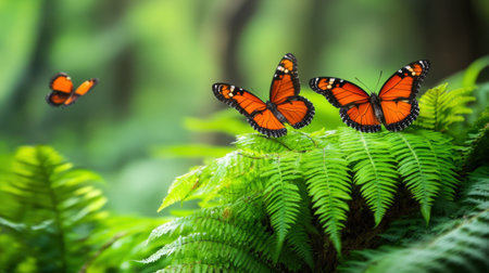Earth adorned with fresh ferns and soft-winged butterflies in calm beautyの素材