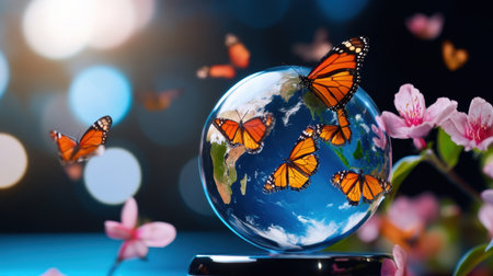 Concept photo: butterfly-covered globe with natural floral accentsの素材