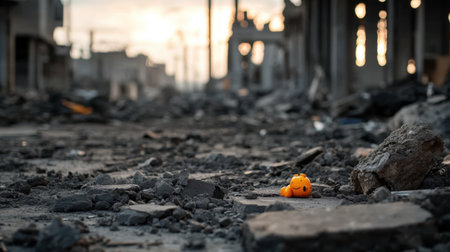 Destroyed urban area with a child's toy resting quietly in ash-covered ruins, deeply emotional sceneの素材
