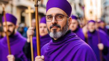 Devotees in deep purple robes march with solemnity through Spanish streets, holding staffs and crucifixesの素材