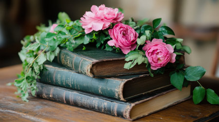 Dusty tomes adorned with elegant pink floral touches and leafy vinesの素材