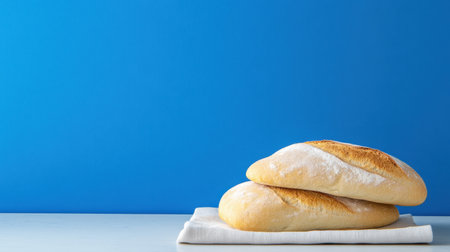Crusty, warm mini loaves rest on a linen napkin in front of a bold blue wall, evoking a cozy kitchen ambianceの素材