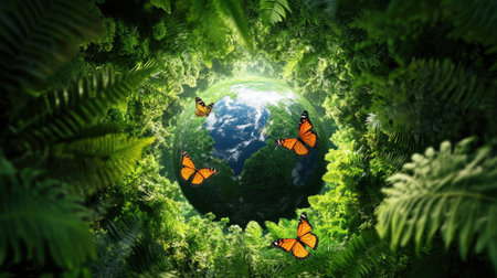 Earth at the center of a lush green forest, butterflies flying in harmonyの素材