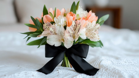 Delicate bouquet of alstroemeria with lace accents and a chic black bow, captured in natural morning lightの素材