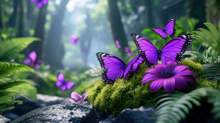 Earth enveloped by purple butterflies and colorful flowers in full bloomの素材