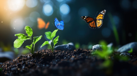 Earth, sprigs, and butterflies--symbolic display of interconnected beautyの素材