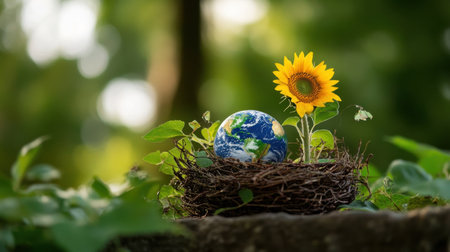 Earth globe in a cozy sunflower nest, symbolizing care and nature embraceの素材