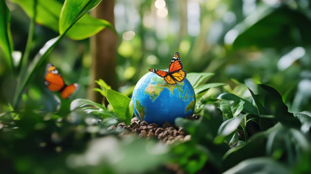 Earth model nestled in foliage with butterflies in flight aroundの素材