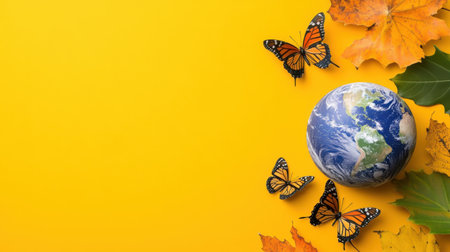 Earth surrounded by butterflies and autumn leaves on a vibrant yellow backdropの素材