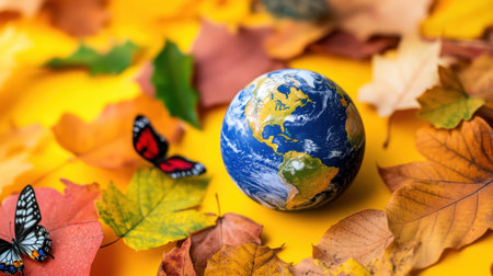 Earth resting amid colorful fall leaves and butterflies on a vibrant yellow settingの素材