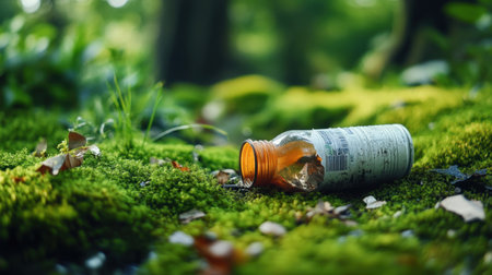 Environmental pollution depicted through trash left behind on serene green mossの素材