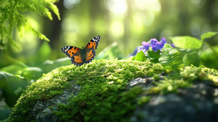Earth in tranquil green foliage and butterflies, a peaceful natural sceneの素材