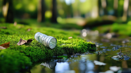 Environmental pollution depicted through trash left behind on serene green mossの素材