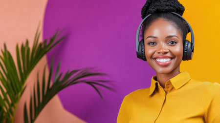 Female customer service rep cheerfully resolving issues with clients over headsetの素材