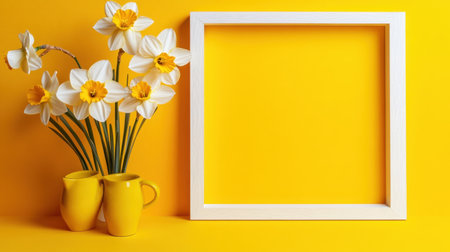 Fresh daffodil blooms in delicate frame over sunny yellow backdropの素材