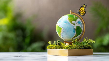 Globe centerpiece on soft surface with botanical elements and butterflies aroundの素材