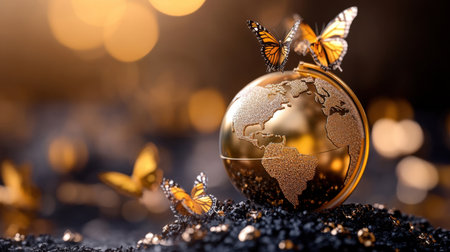 Gold-toned Earth globe with delicate butterflies, a scene of sustainability and beautyの素材