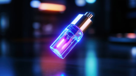 Futuristic tech element - USB-C port emitting light in total black background, floating mid-airの素材