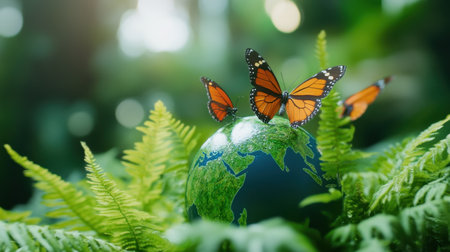 Gentle butterflies on verdant ferns cradling a serene Earth globeの素材