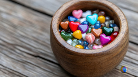 Handmade wooden container filled with bright beads and glass hearts laid on rustic woodの素材