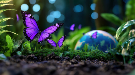 Green and floral environment with Earth and vibrant purple butterfliesの素材