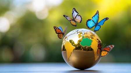 Golden Earth globe with colorful butterflies in harmony, symbolizing eco-awarenessの素材