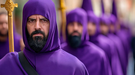 Intense expressions of hooded marchers in a solemn religious procession with purple attire and sacred symbolsの素材