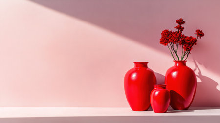 High-contrast still life of red jars against a soft pink backgroundの素材