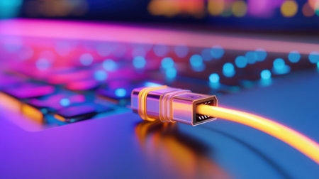 Neon USB-C plug hovers with trailing light streaks, evoking futuristic design in an abstract spaceの素材