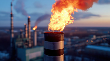 Industrial refinery emits flame into twilight, signaling energy production and environmental tensionの素材