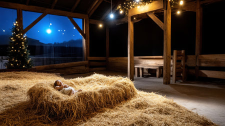 Nativity display with hay-filled manger and serene atmosphere of sacred Christmas nightの素材