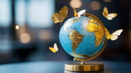 Gold-toned Earth globe with delicate butterflies, a scene of sustainability and beautyの素材