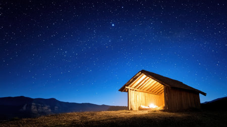 Peaceful nativity scene in wooden stable under starry night symbolizing birth of Jesus Christの素材