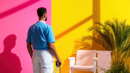 Patient focused on recovery journey, using mobility aid under therapist supervision in sunny spaceの素材