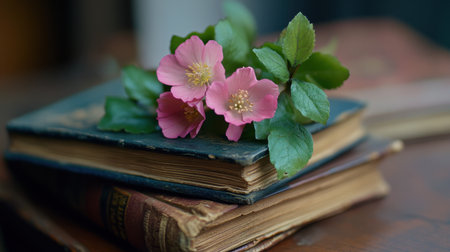 Pink flowers nestled between well-worn book spines, rustic and cozy ambianceの素材