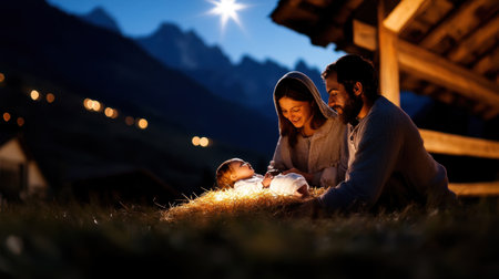 Holy family in a wooden manger lit by soft light and bright celestial star aboveの素材