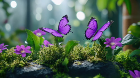 Purple butterflies land on Earth surrounded by blooming garden flowersの素材