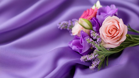 Romantic flower arrangement resting gently on flowing purple fabricの素材