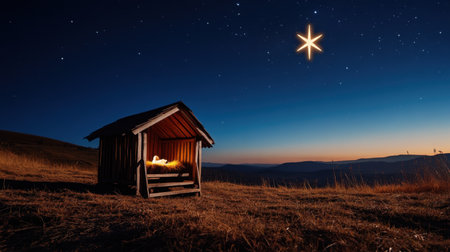 Star of Bethlehem shines above wooden manger with Christ child in serene night settingの素材