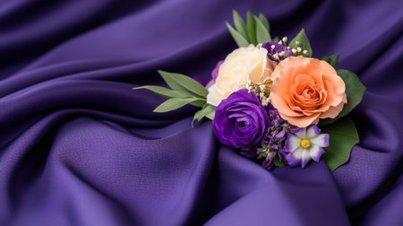 Romantic flower arrangement resting gently on flowing purple fabricの素材