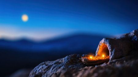 Peaceful nativity with glowing manger nestled in tranquil blue night of Bethlehemの素材