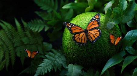 Planet Earth dressed in leaves and butterflies, nature in peaceful balanceの素材