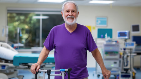 Silver-haired senior moves carefully in sunny rehab room, walker aiding rehabilitation processの素材