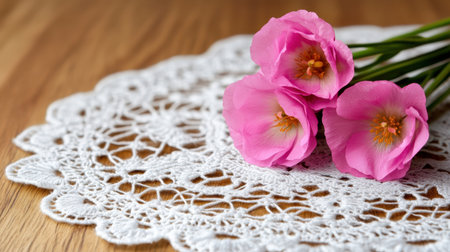 Serene floral scene with pink blooms resting gently over a vintage lace doilyの素材
