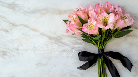 Romantic bouquet of pink alstroemeria, black ribbon draping over soft lace on a pale marble backgroundの素材