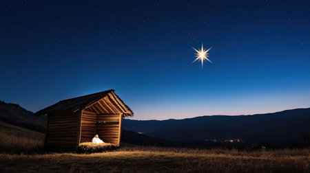 Star of Bethlehem shines above wooden manger with Christ child in serene night settingの素材