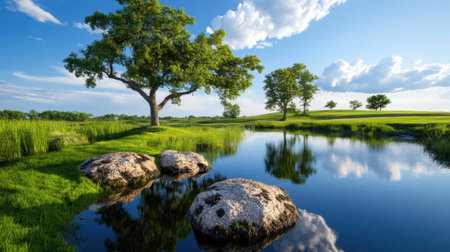 Serene landscape showcasing Earth's balance through water, trees, and skyの素材