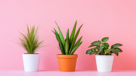 Three unique potted plants lined up against a pastel pink wall, bright and freshの素材
